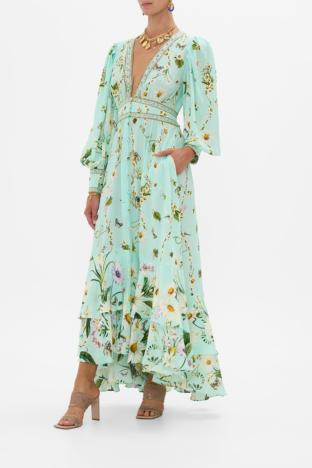 The CAMILLA LONG BUTTON FRONT DRESS FLORAL FREEFALL in our  print.
