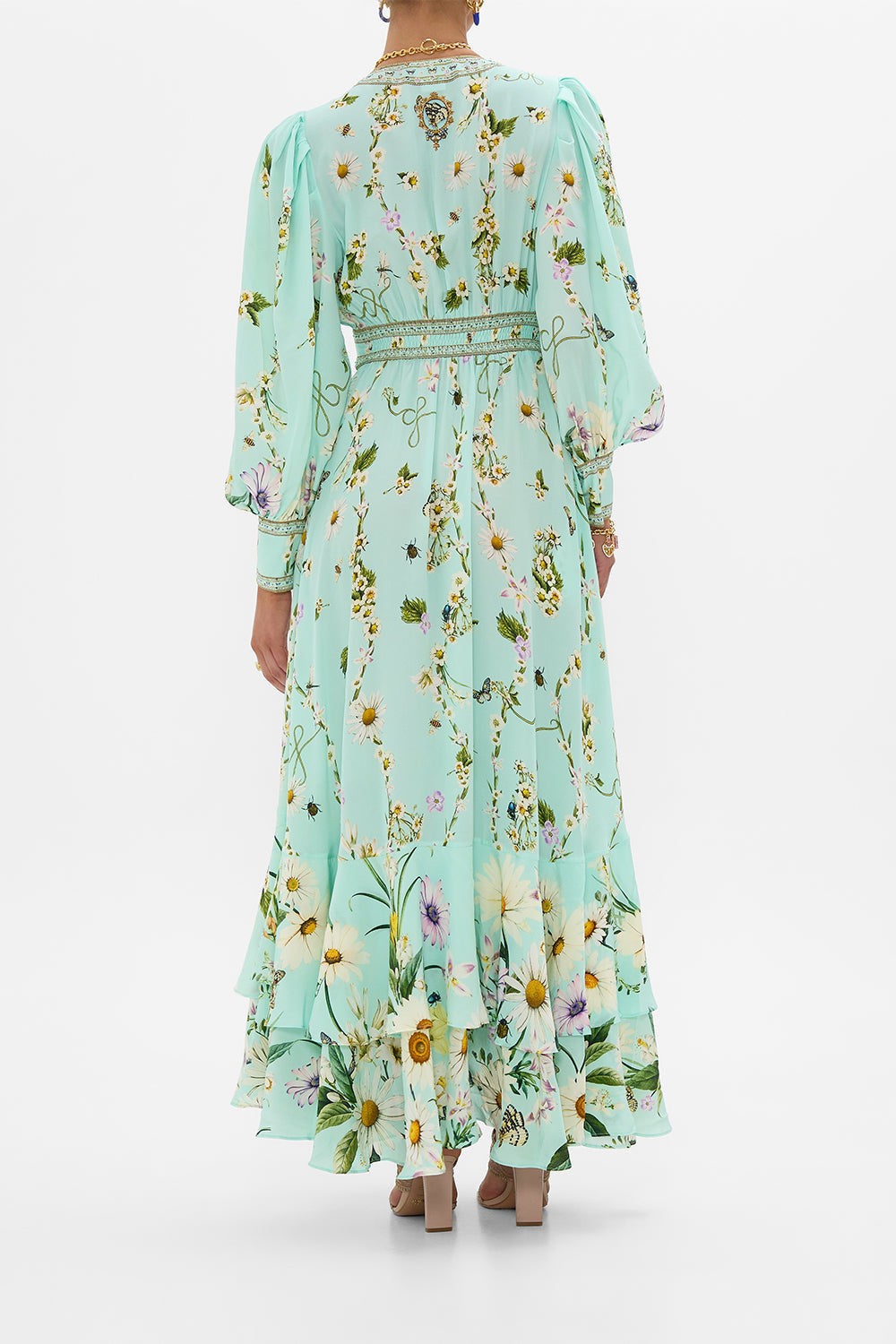The CAMILLA LONG BUTTON FRONT DRESS FLORAL FREEFALL in our  print.
