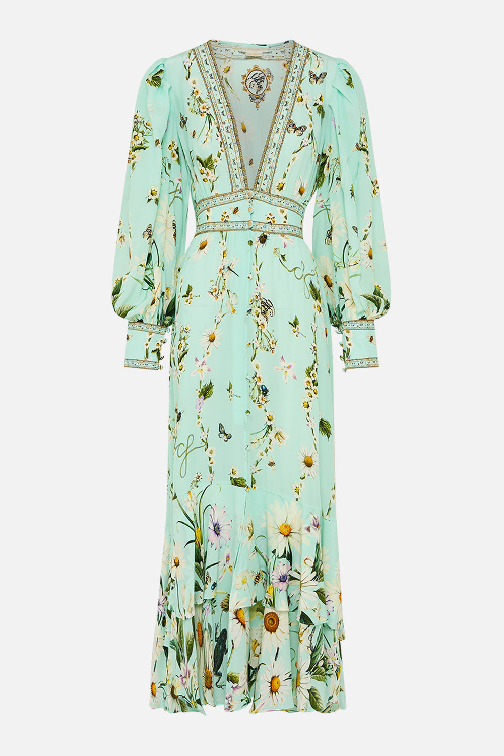 The CAMILLA LONG BUTTON FRONT DRESS FLORAL FREEFALL in our  print.