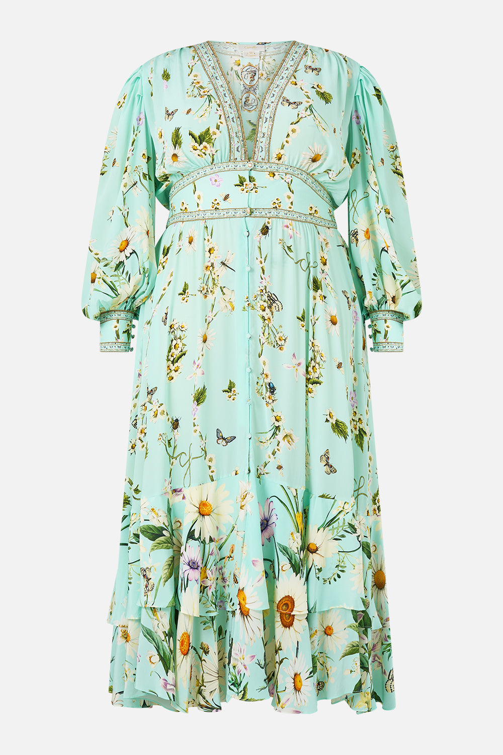 The CAMILLA LONG BUTTON FRONT DRESS FLORAL FREEFALL in our  print.
