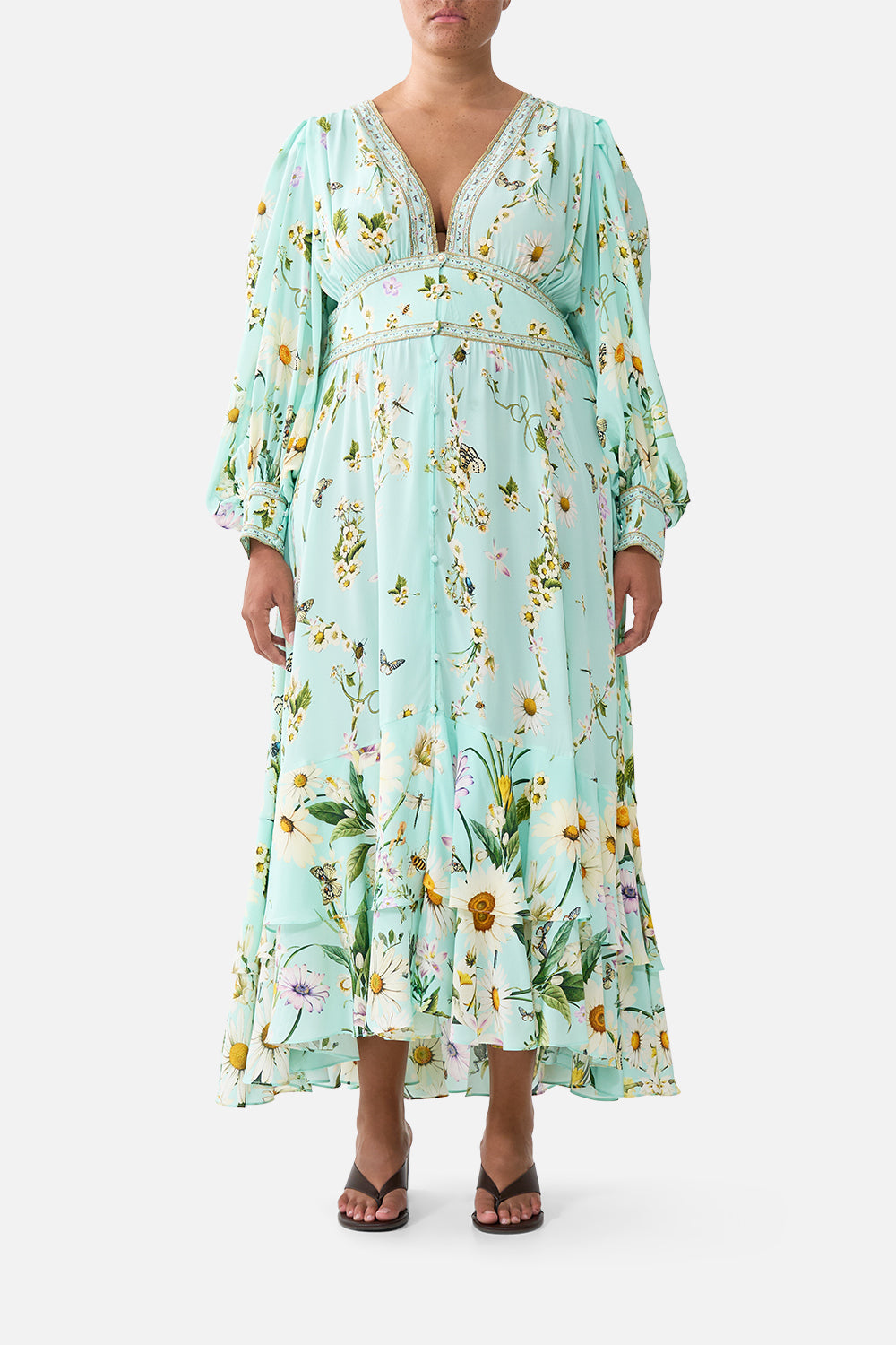 The CAMILLA LONG BUTTON FRONT DRESS FLORAL FREEFALL in our  print.