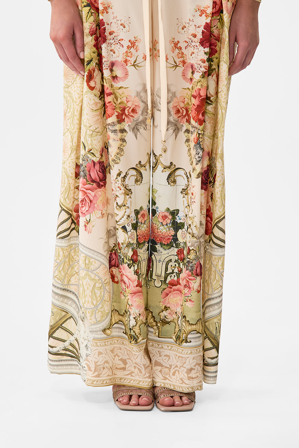 The CAMILLA Soft Wide Leg Pant With Tie Detail in our Meet Me At The Majestic print.