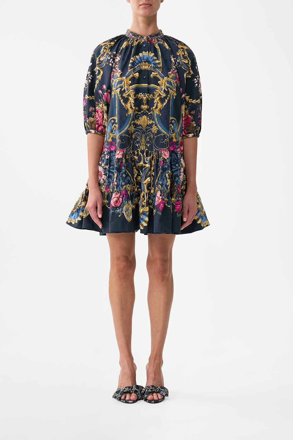The CAMILLA PUFF SLEEVE SHIRT DRESS ORNATE ON A PLATE in our ORNATE ON A PLATE print.
