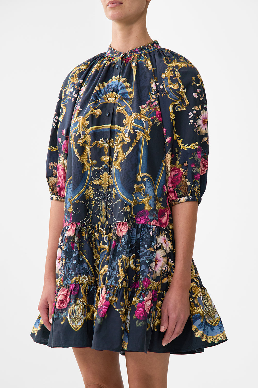 The CAMILLA PUFF SLEEVE SHIRT DRESS ORNATE ON A PLATE in our  print.