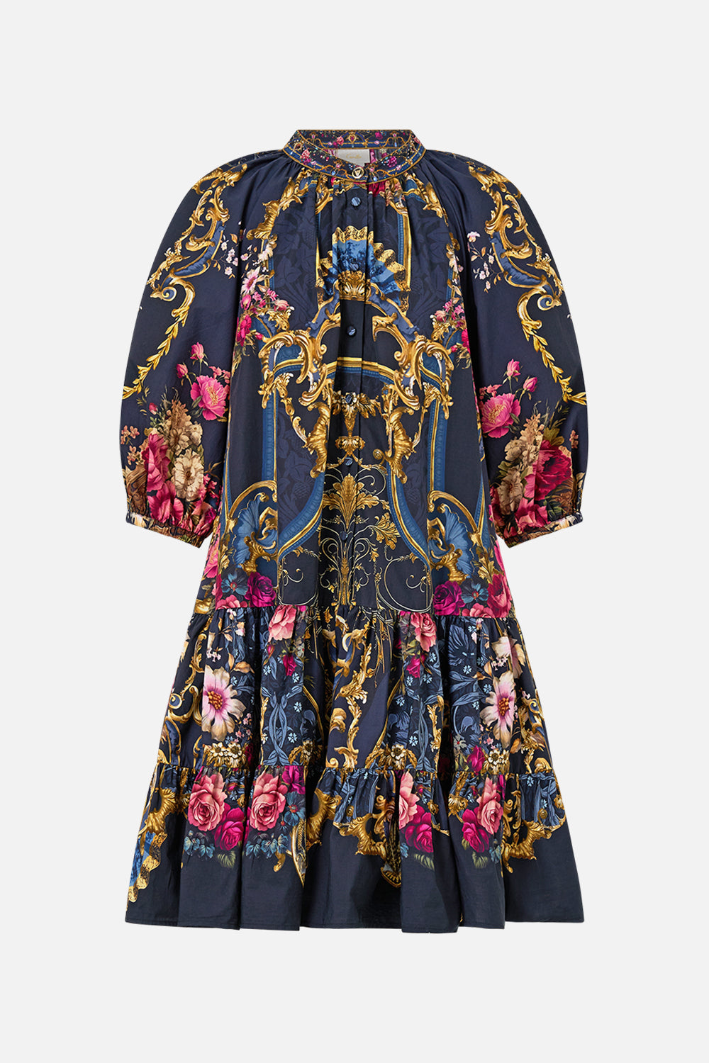 The CAMILLA PUFF SLEEVE SHIRT DRESS ORNATE ON A PLATE in our  print.