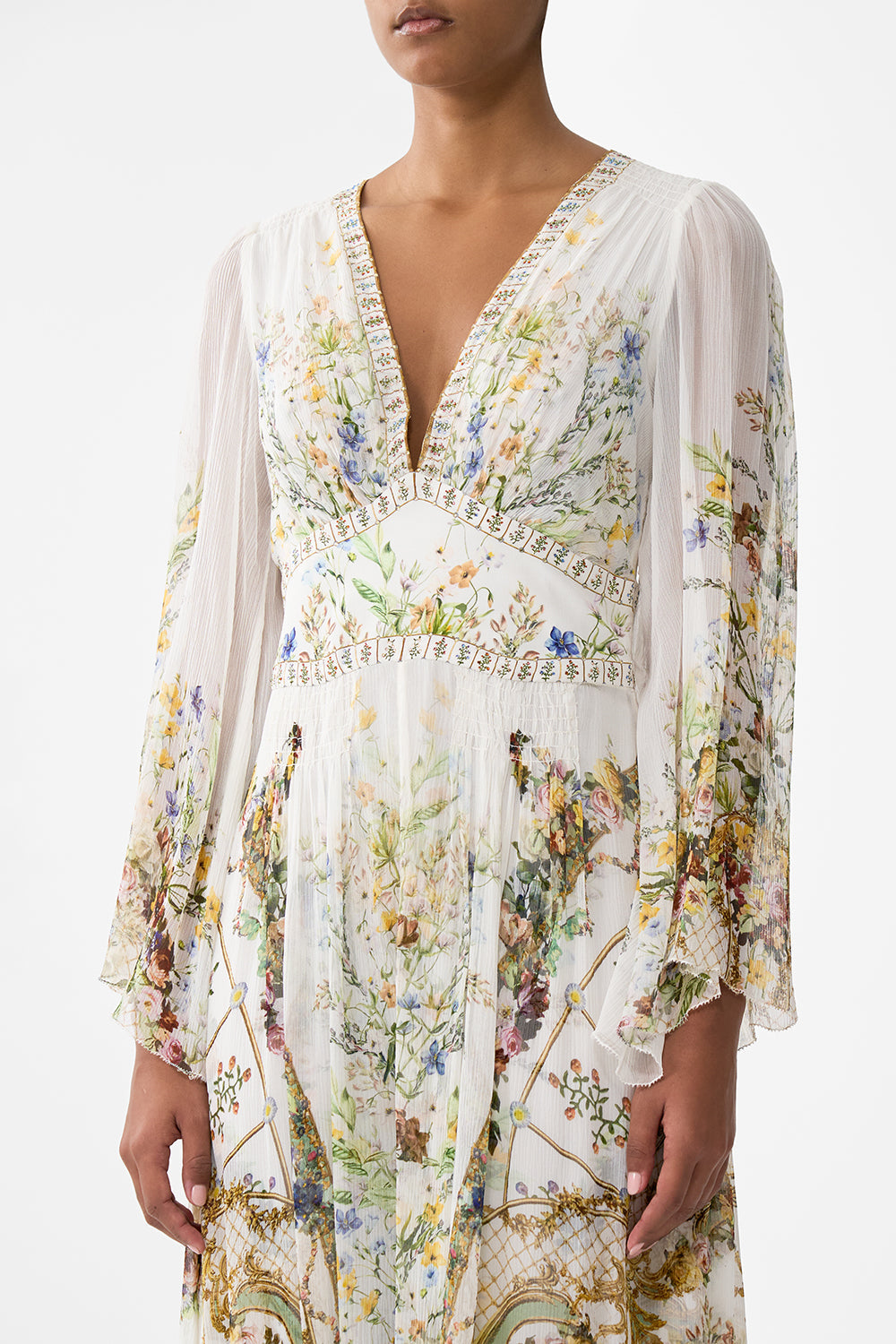 The CAMILLA FLARED SLEEVE DRESS DRESSING ROOM DRAMA in our  print.