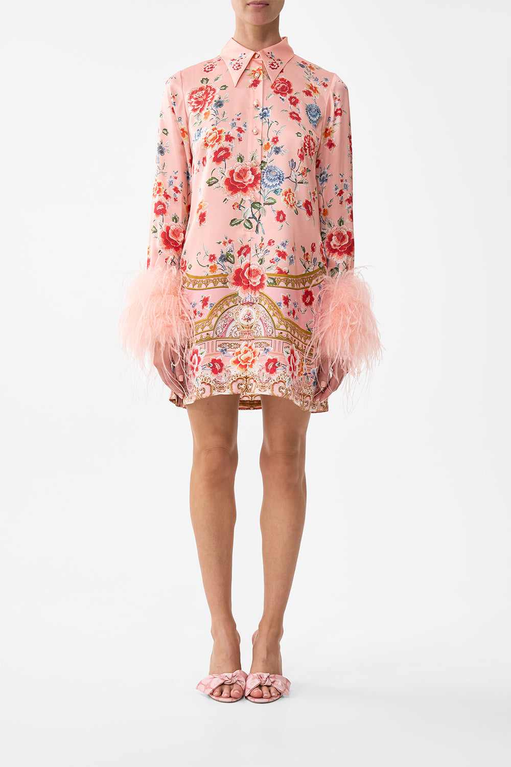 The CAMILLA Mini Shirt Dress With Feathers in our Majestic Milla print.