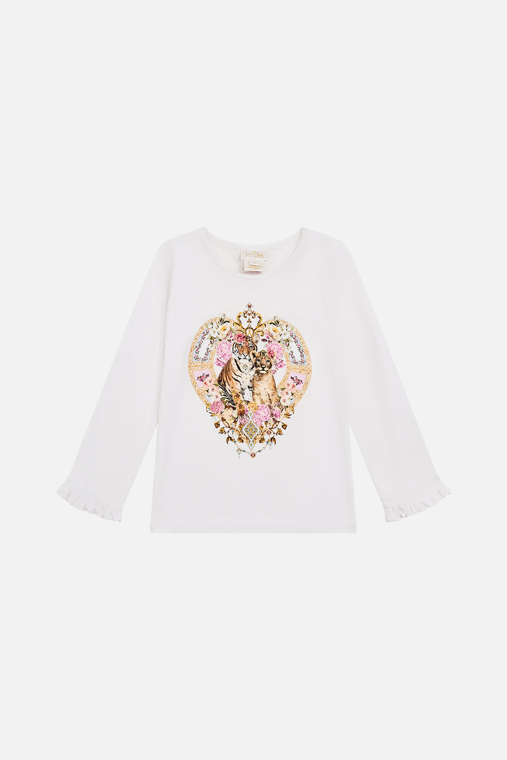 The CAMILLA kids long sleeve tee with frill cuff from our print tiled in time, front product view
