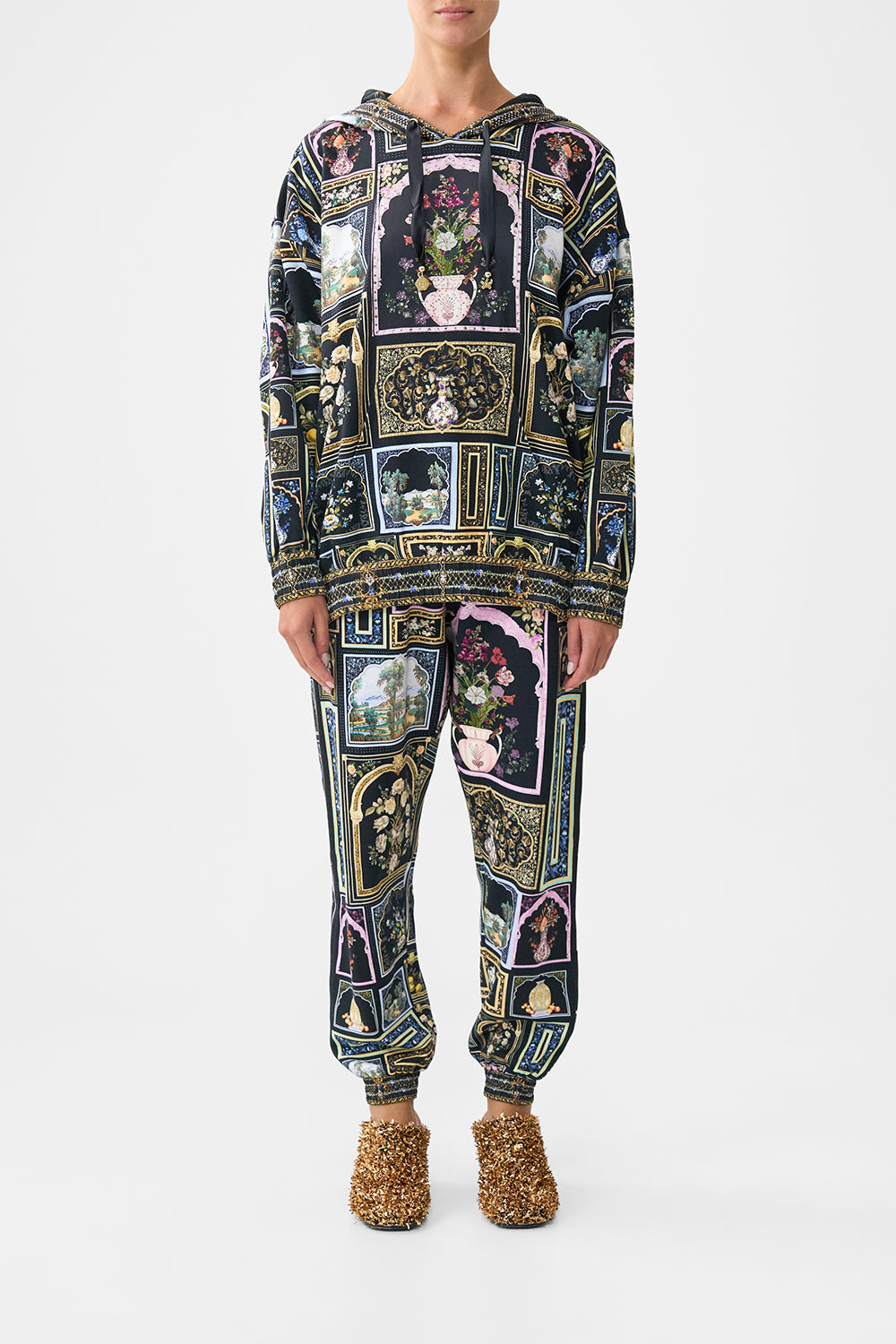 The CAMILLA SILK HEM BAND BOYFRIEND HOODIE OTTOMAN ELEGANCE in our OTTOMAN ELEGANCE print.
