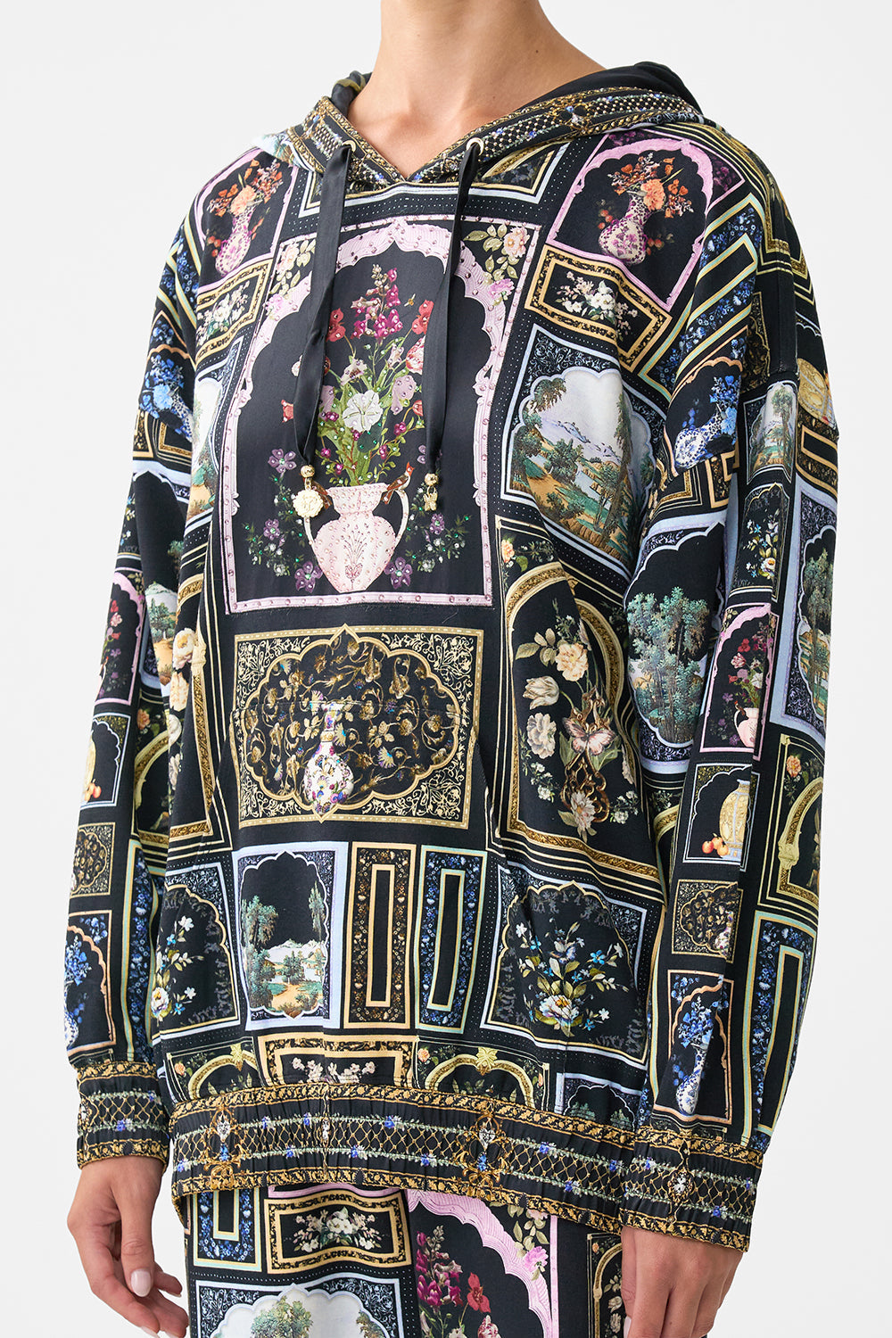 The CAMILLA SILK HEM BAND BOYFRIEND HOODIE OTTOMAN ELEGANCE in our  print.