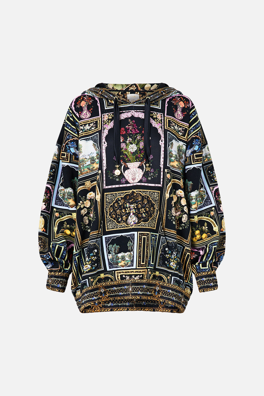 The CAMILLA silk hem band boyfriend hoodie from our print Ottoman elegance, front product view