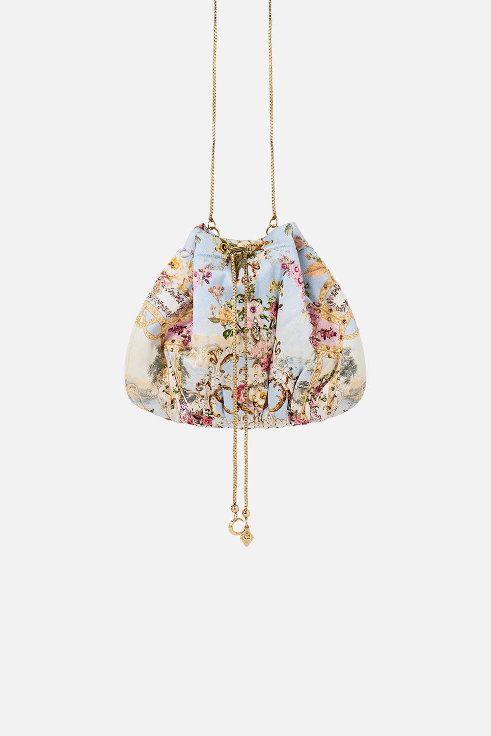 DRAWSTRING POUCH BAG WITH CHAIN STRAP TILED IN TIME