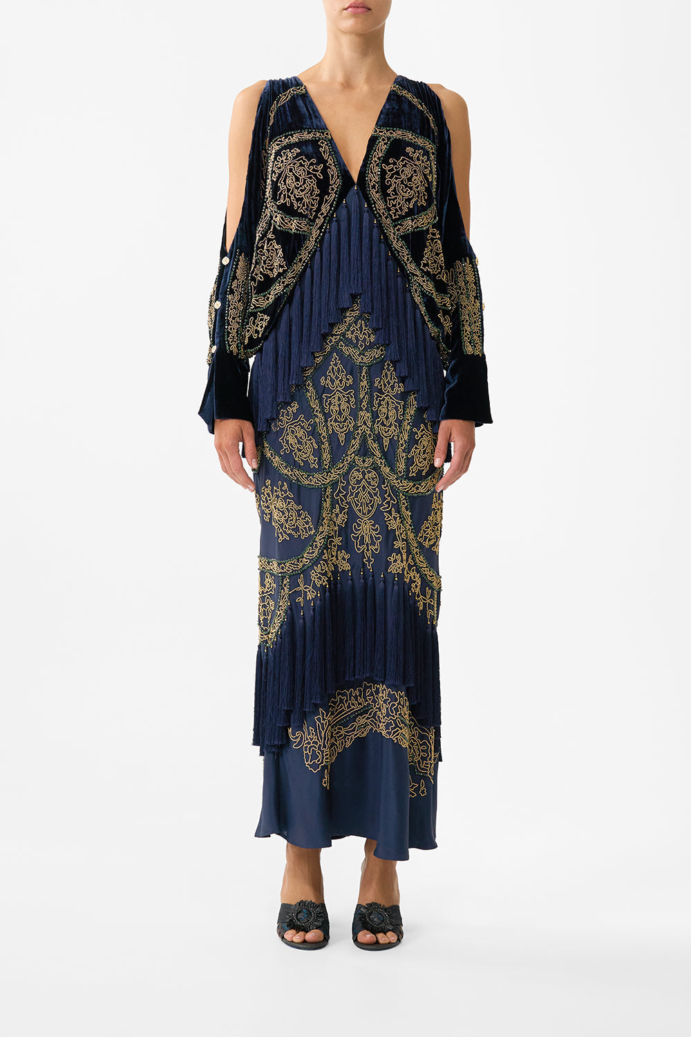 The CAMILLA PLUNGE NECK DRAPED SHOULDER DRESS THE IMPERIAL GATE in our THE IMPERIAL GATE print.