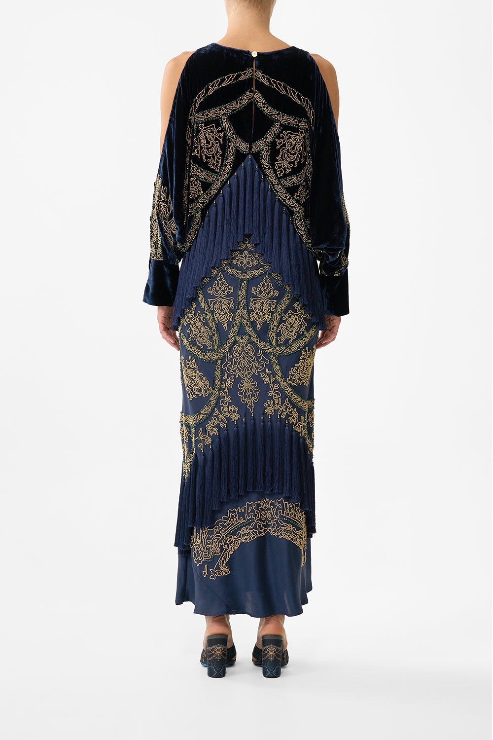 The CAMILLA PLUNGE NECK DRAPED SHOULDER DRESS THE IMPERIAL GATE in our  print.