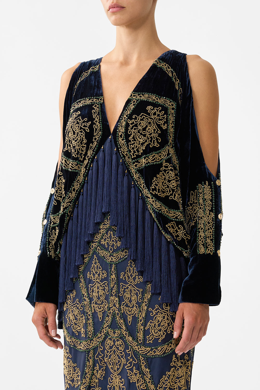 The CAMILLA PLUNGE NECK DRAPED SHOULDER DRESS THE IMPERIAL GATE in our  print.