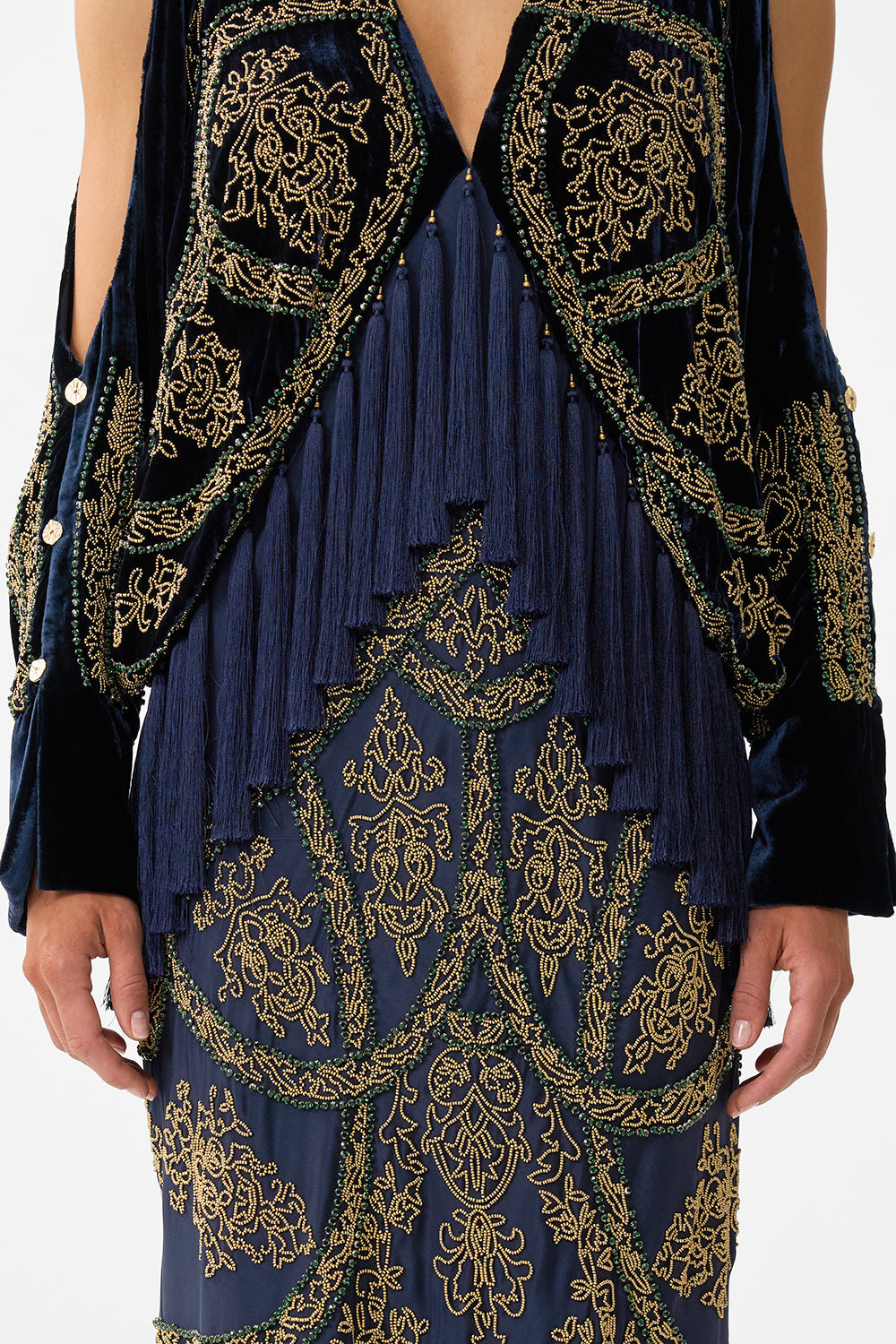 The CAMILLA PLUNGE NECK DRAPED SHOULDER DRESS THE IMPERIAL GATE in our  print.