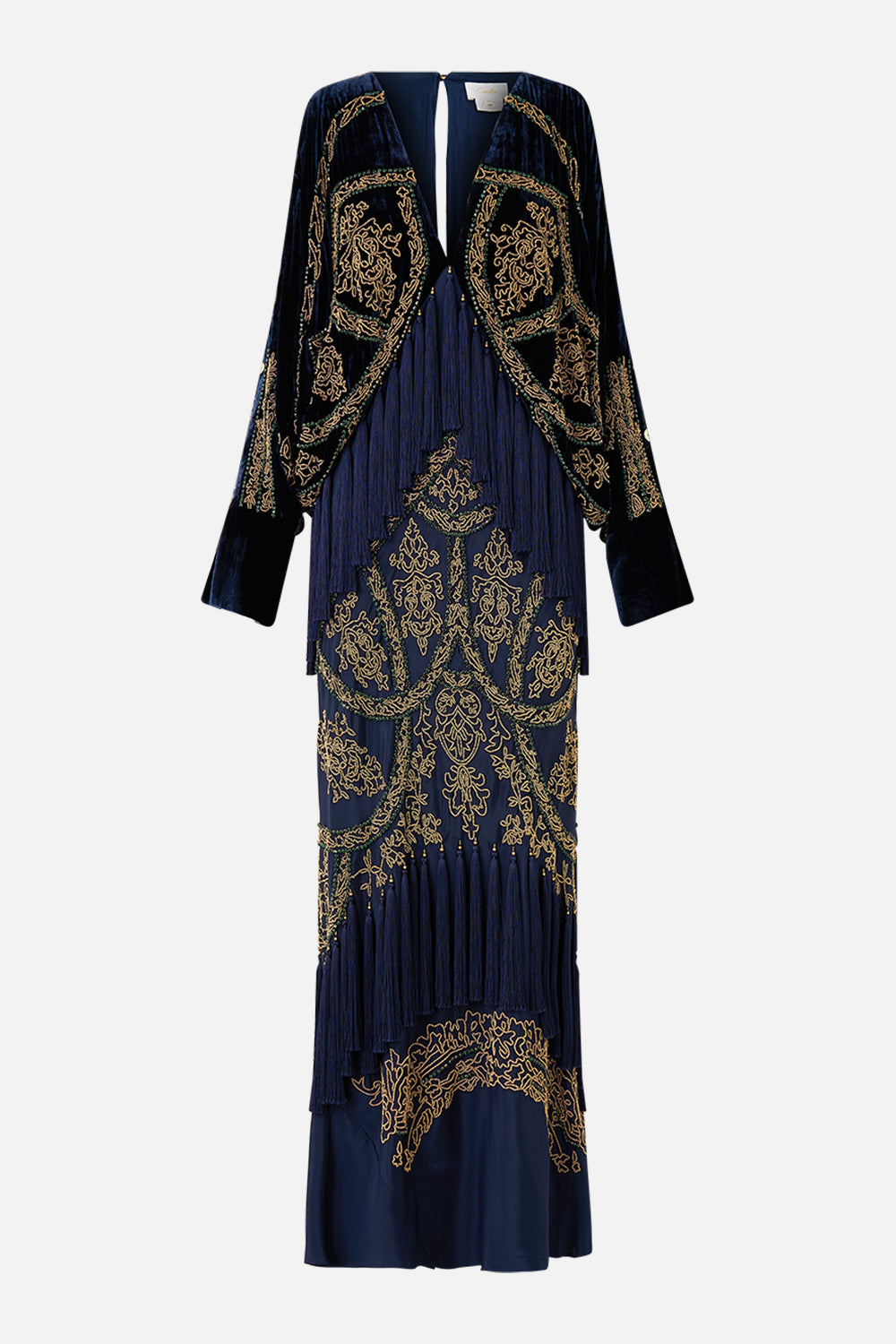 The CAMILLA PLUNGE NECK DRAPED SHOULDER DRESS THE IMPERIAL GATE in our  print.