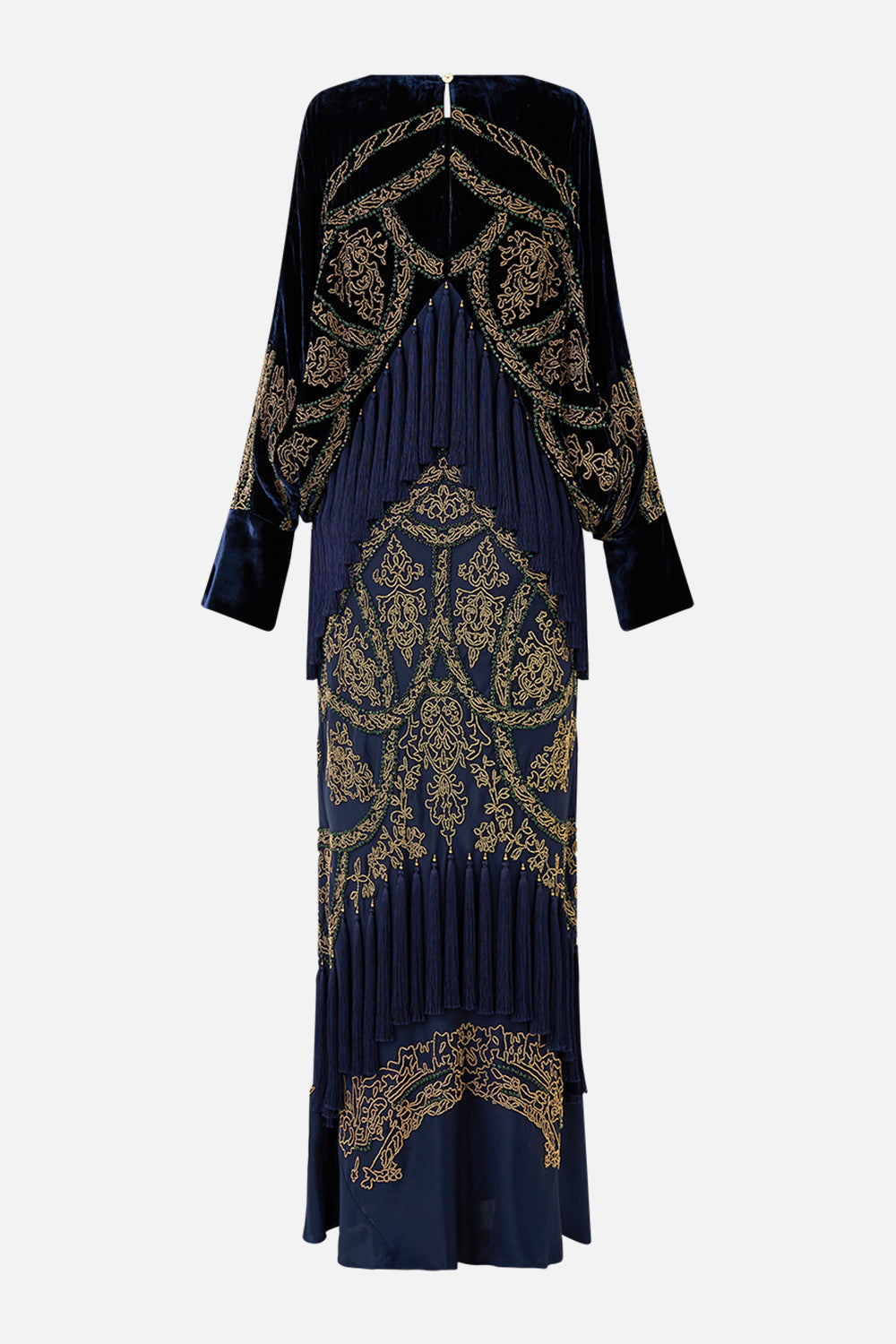 The CAMILLA PLUNGE NECK DRAPED SHOULDER DRESS THE IMPERIAL GATE in our  print.