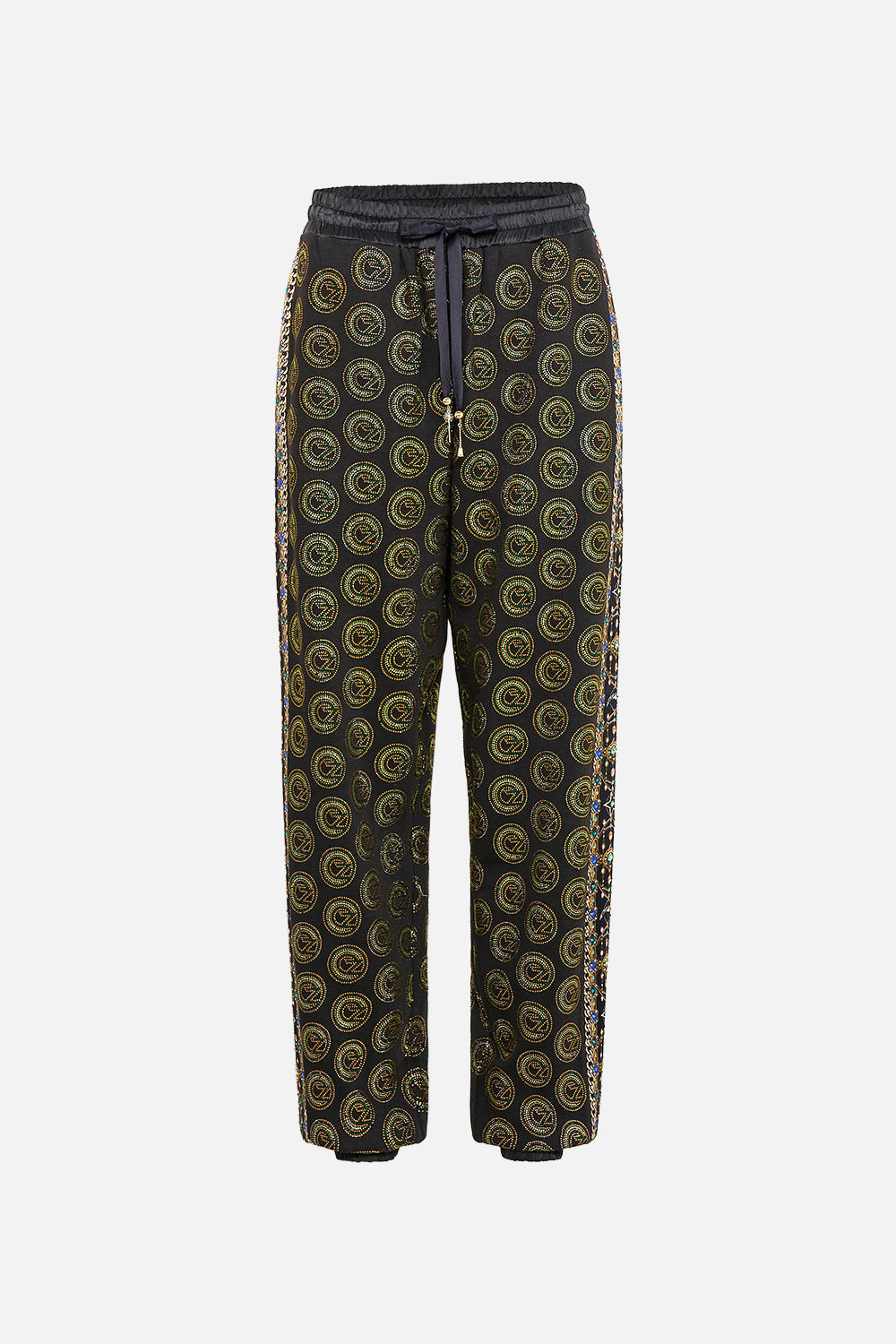 The CAMILLA JERSEY TRACK PANT WITH SIDE PANELS DEFY GRAVITY in our  print.