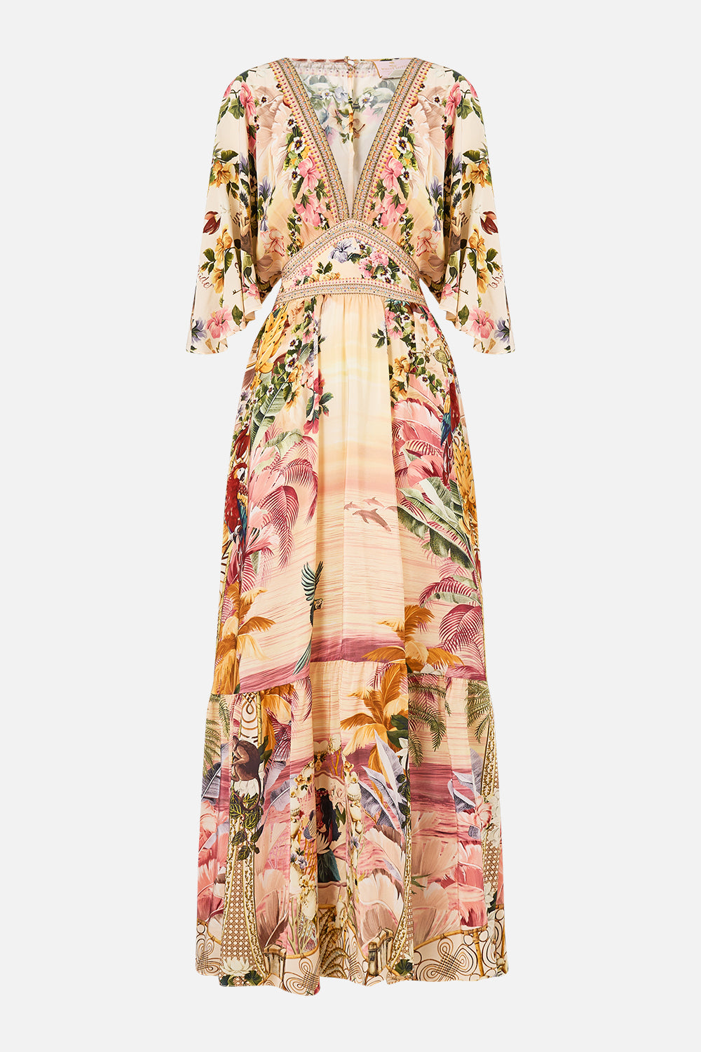 The CAMILLA WAISTED DRESS WITH HEM RUFFLE WELCOME TO THE WHITE LOTUS in our  print.