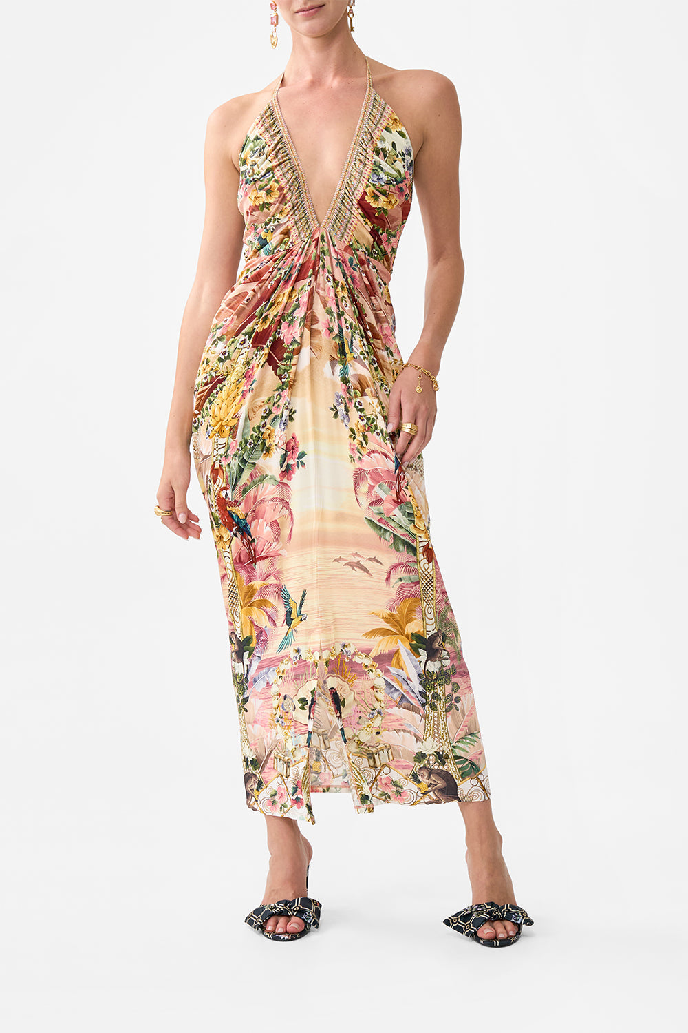 The CAMILLA V NECK GATHERED JERSEY DRESS WELCOME TO THE WHITE LOTUS in our WELCOME TO THE WHITE LOTUS print.