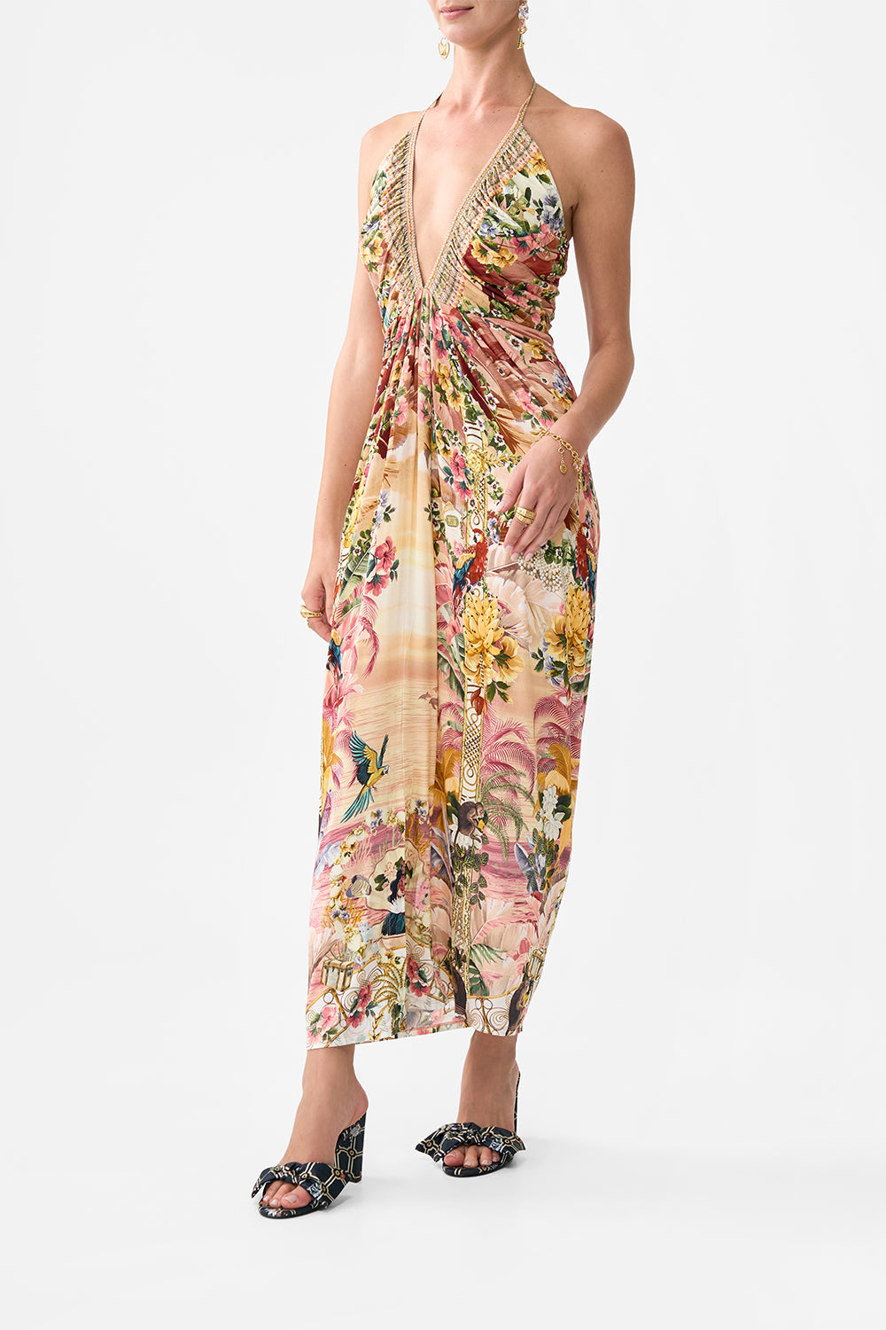 The CAMILLA V NECK GATHERED JERSEY DRESS WELCOME TO THE WHITE LOTUS in our  print.