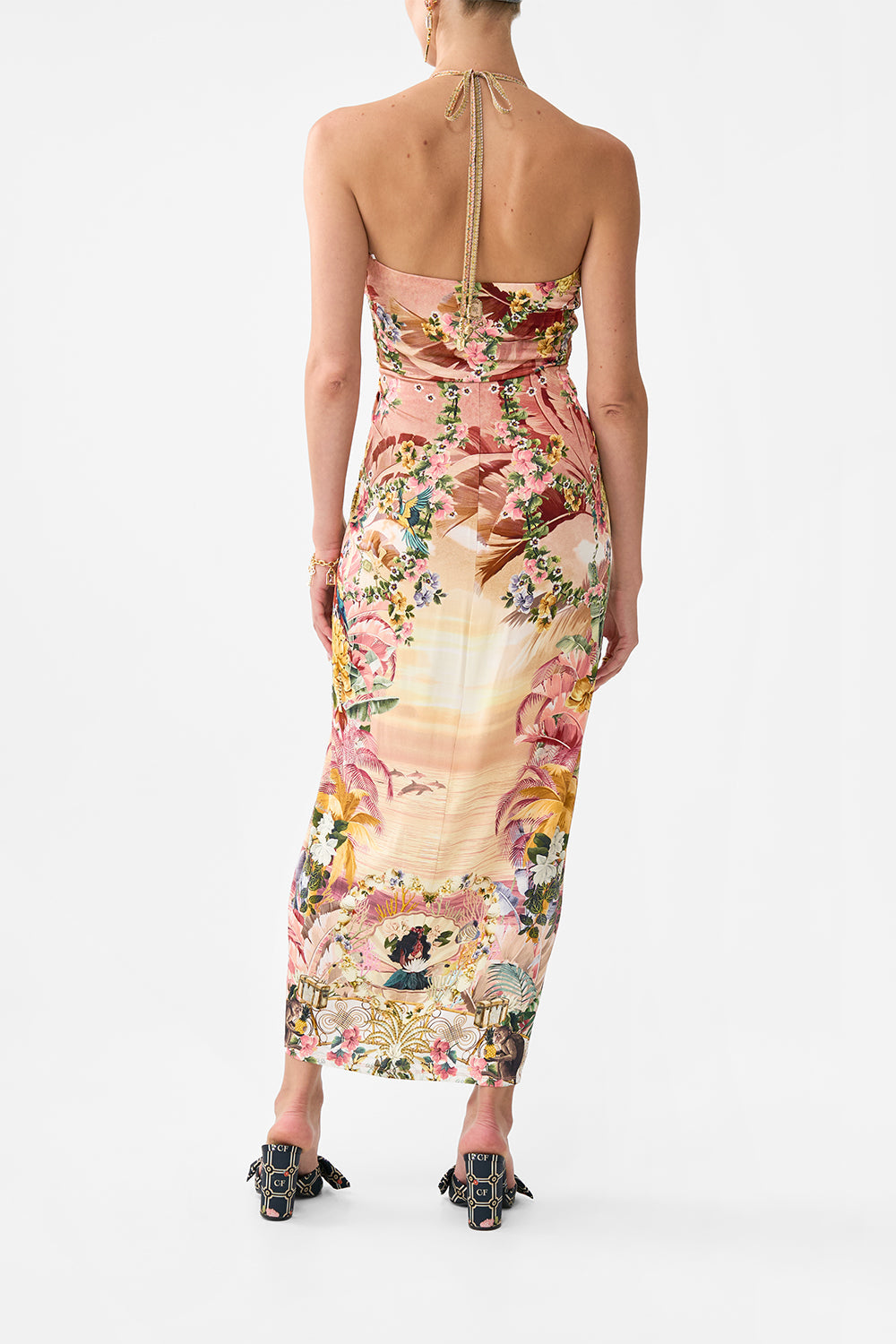 The CAMILLA V NECK GATHERED JERSEY DRESS WELCOME TO THE WHITE LOTUS in our  print.