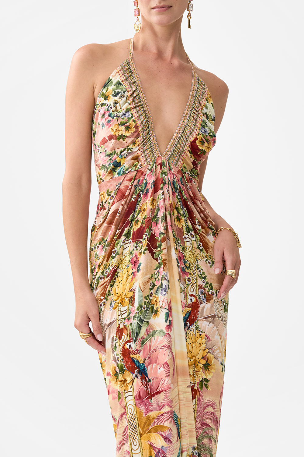 The CAMILLA V NECK GATHERED JERSEY DRESS WELCOME TO THE WHITE LOTUS in our  print.