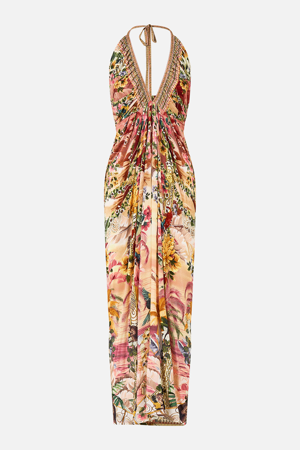 The CAMILLA V NECK GATHERED JERSEY DRESS WELCOME TO THE WHITE LOTUS in our  print.
