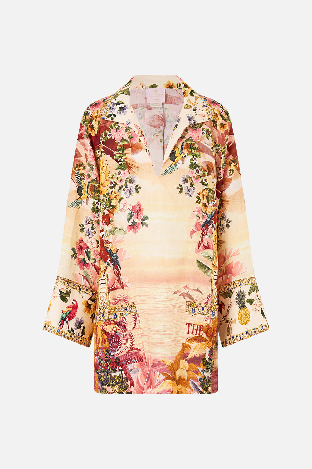 The CAMILLA LONG SLEEVE TUNIC DRESS WELCOME TO THE WHITE LOTUS in our  print.