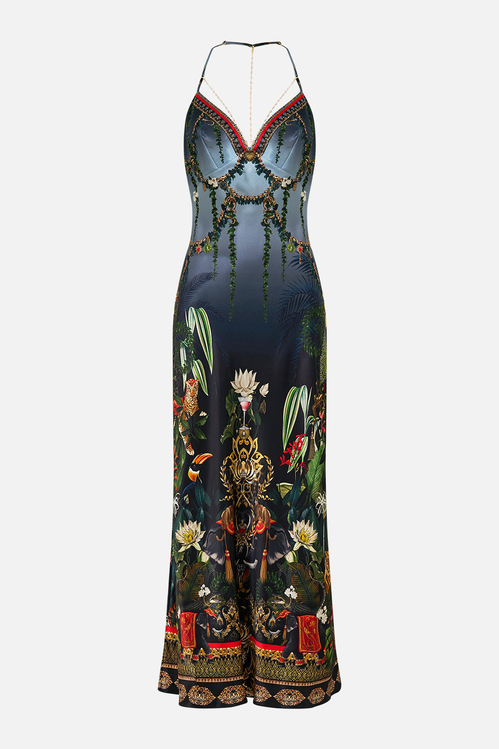 The CAMILLA CHAIN DETAIL SLIP DRESS READY FOR MY WELCOME DRINK in our  print.