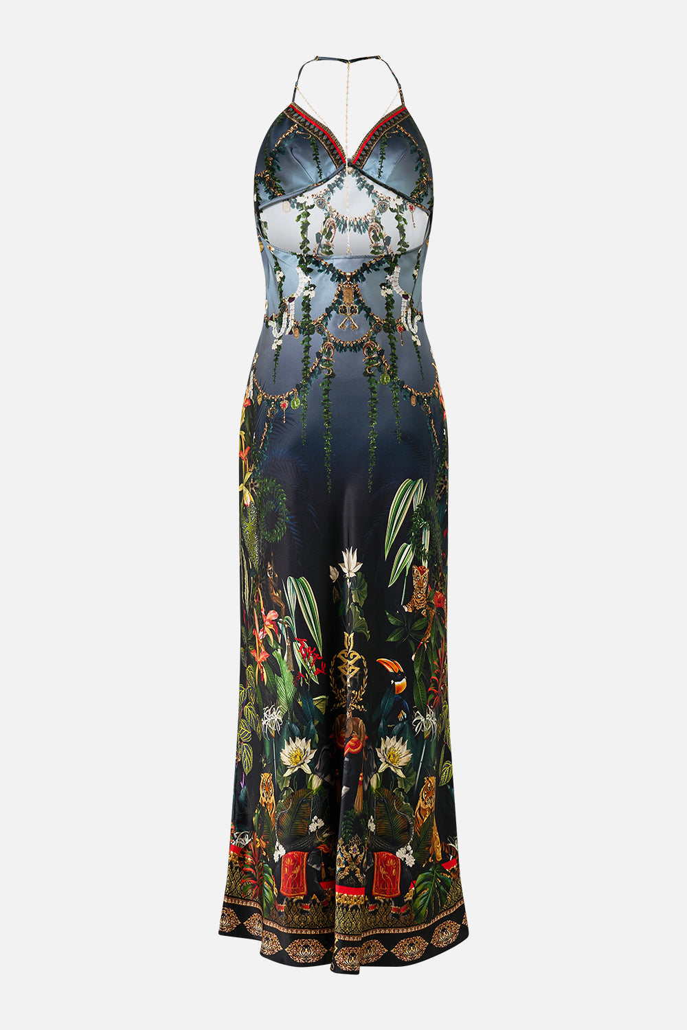 The CAMILLA CHAIN DETAIL SLIP DRESS READY FOR MY WELCOME DRINK in our  print.