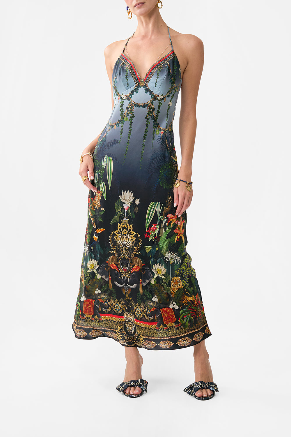 The CAMILLA CHAIN DETAIL SLIP DRESS READY FOR MY WELCOME DRINK in our READY FOR MY WELCOME DRINK print.