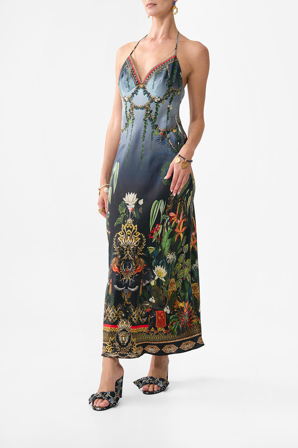 The CAMILLA CHAIN DETAIL SLIP DRESS READY FOR MY WELCOME DRINK in our  print.