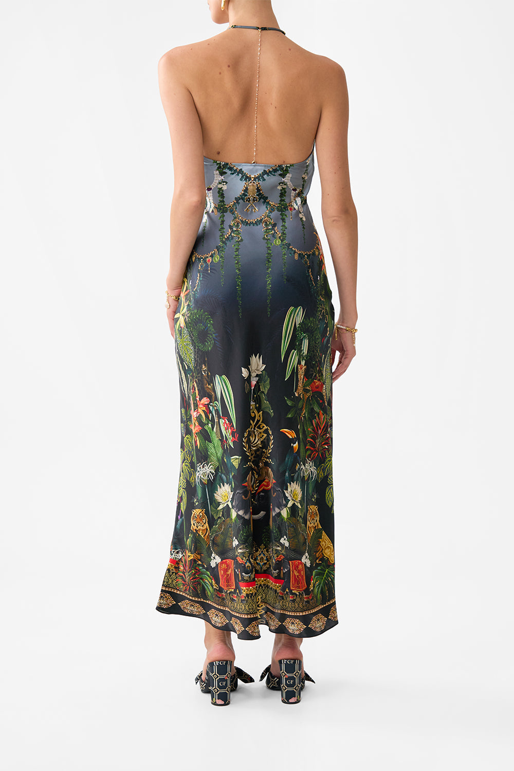 The CAMILLA CHAIN DETAIL SLIP DRESS READY FOR MY WELCOME DRINK in our  print.