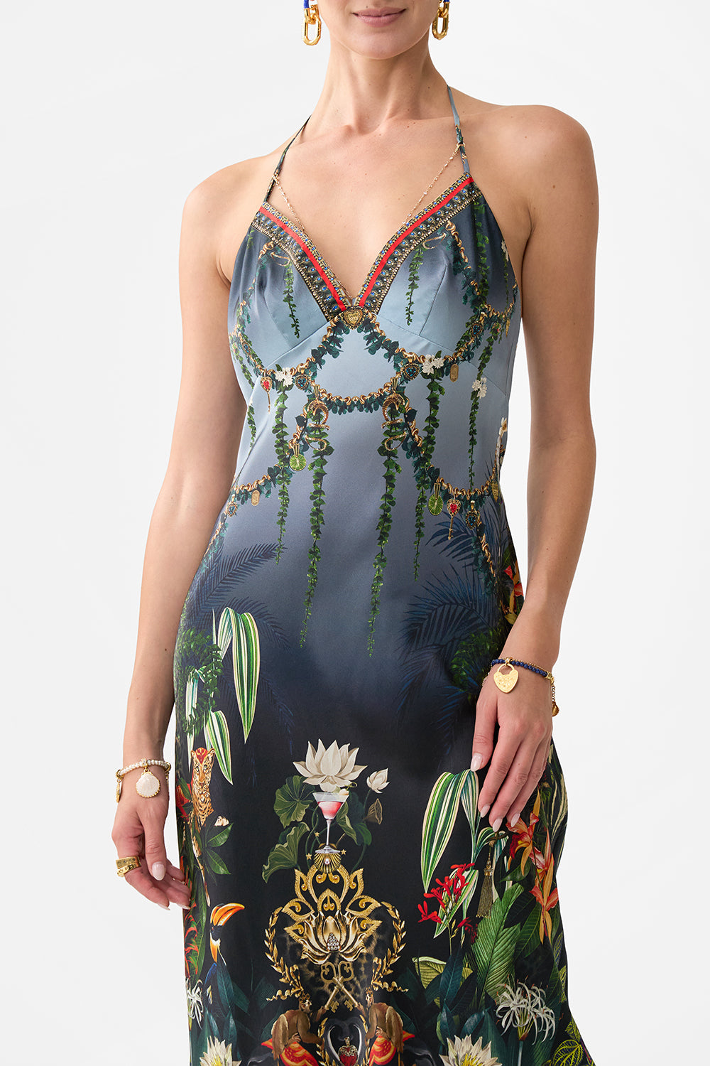 The CAMILLA CHAIN DETAIL SLIP DRESS READY FOR MY WELCOME DRINK in our  print.