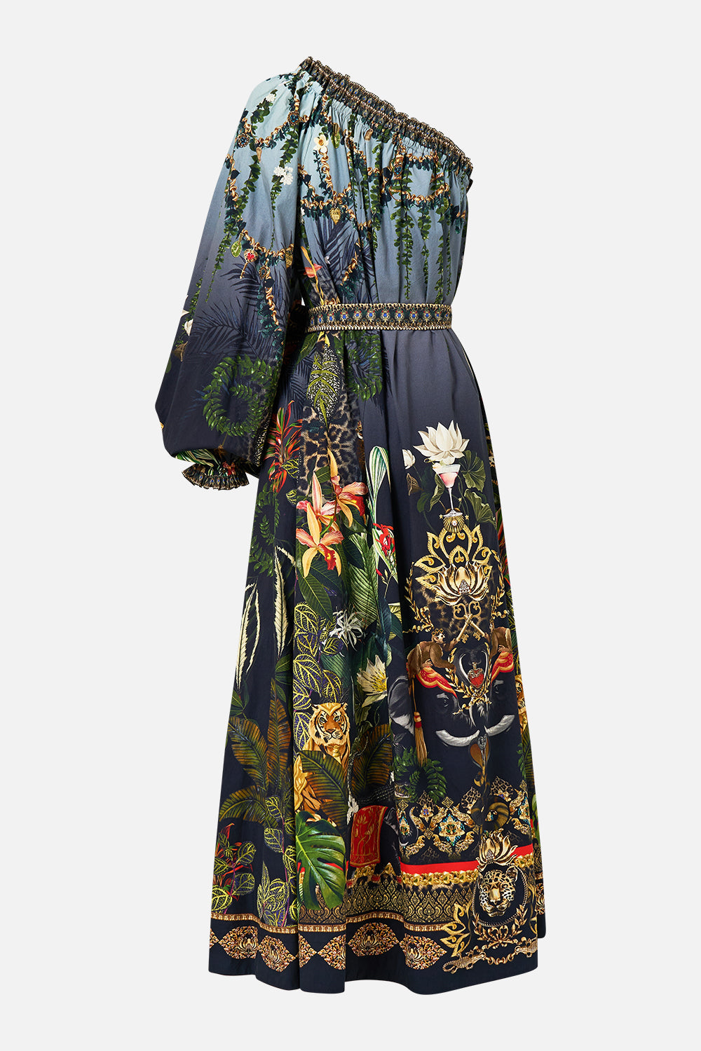 The CAMILLA ONE SHOULDER DRESS WITH BLOUSON SLEEVE READY FOR MY WELCOME DRINK in our  print.