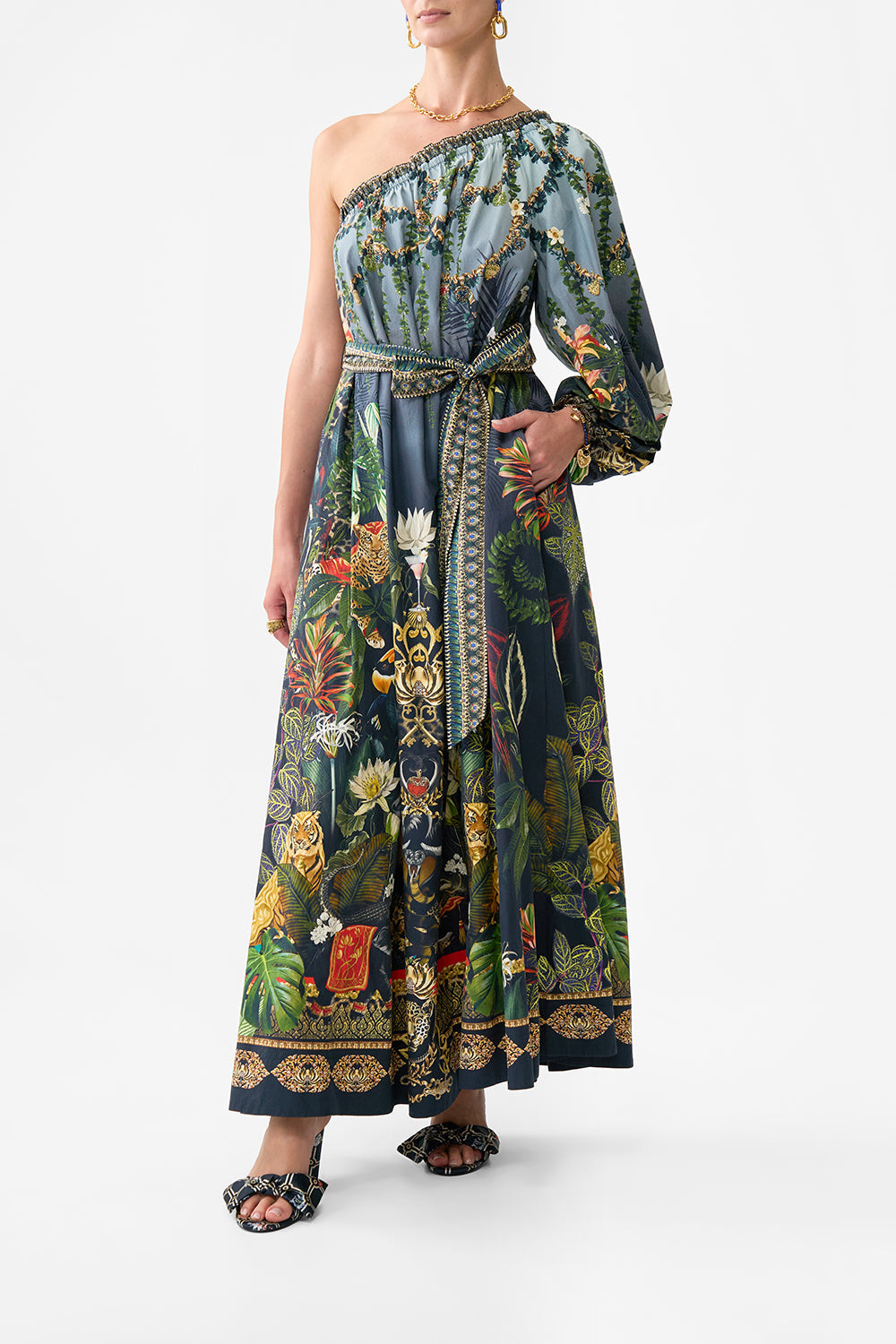 The CAMILLA ONE SHOULDER DRESS WITH BLOUSON SLEEVE READY FOR MY WELCOME DRINK in our  print.