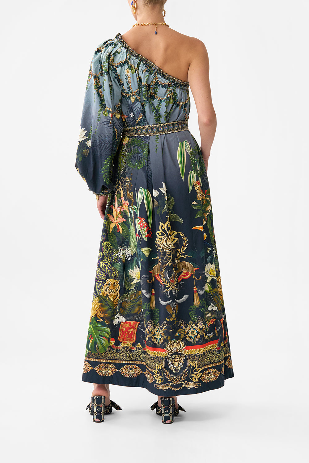 The CAMILLA ONE SHOULDER DRESS WITH BLOUSON SLEEVE READY FOR MY WELCOME DRINK in our  print.