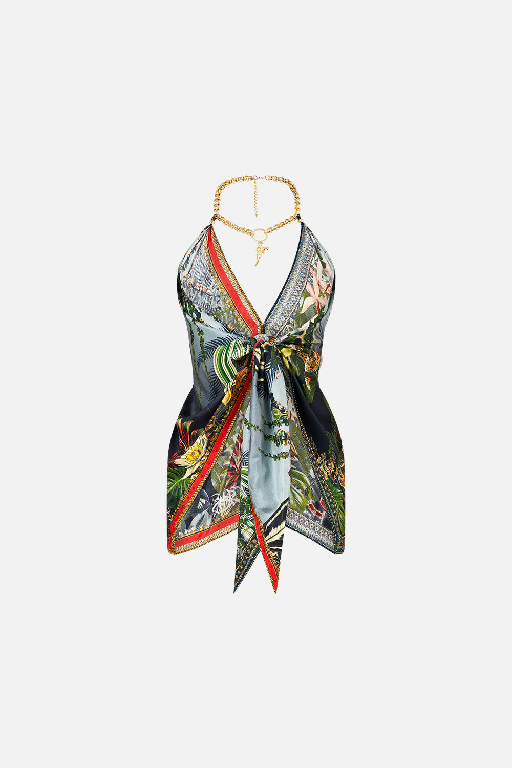 The CAMILLA KNOTTED SCARF TOP READY FOR MY WELCOME DRINK in our  print.