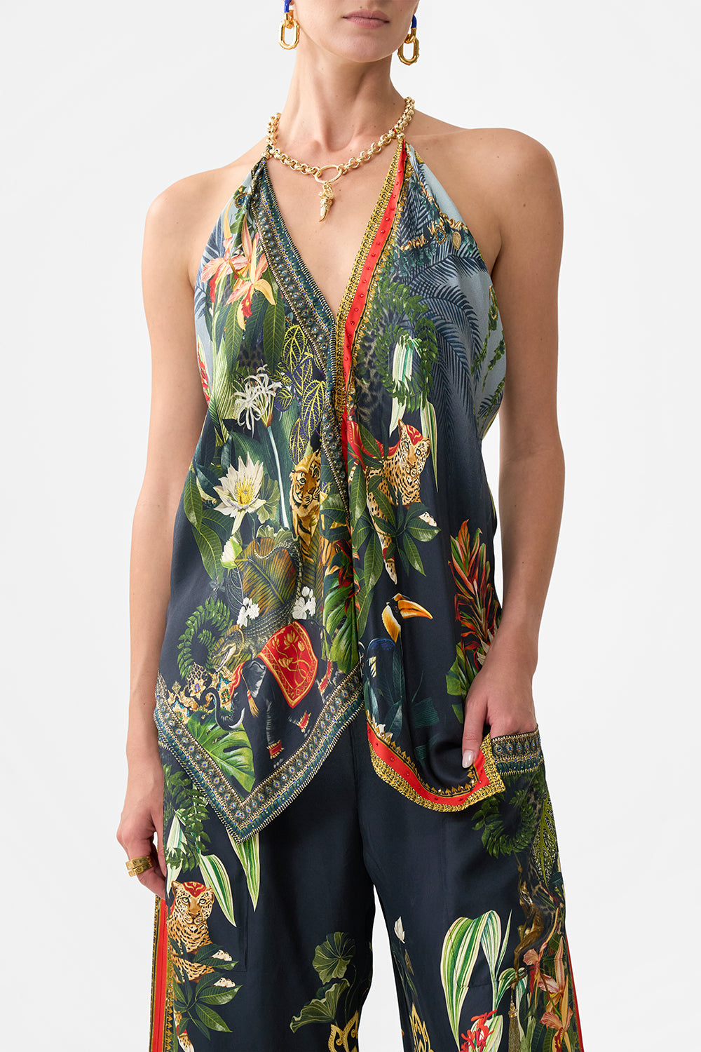 The CAMILLA KNOTTED SCARF TOP READY FOR MY WELCOME DRINK in our  print.