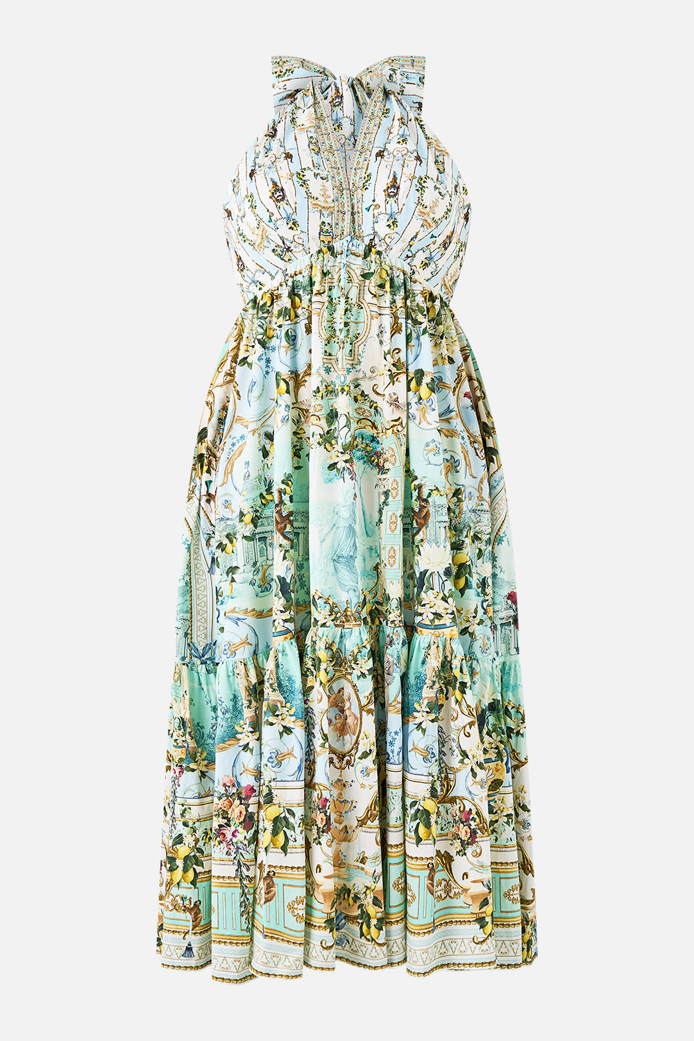 The CAMILLA RUFFLE HEM HALTER DRESS VENUS ON A VESPA in our  print.