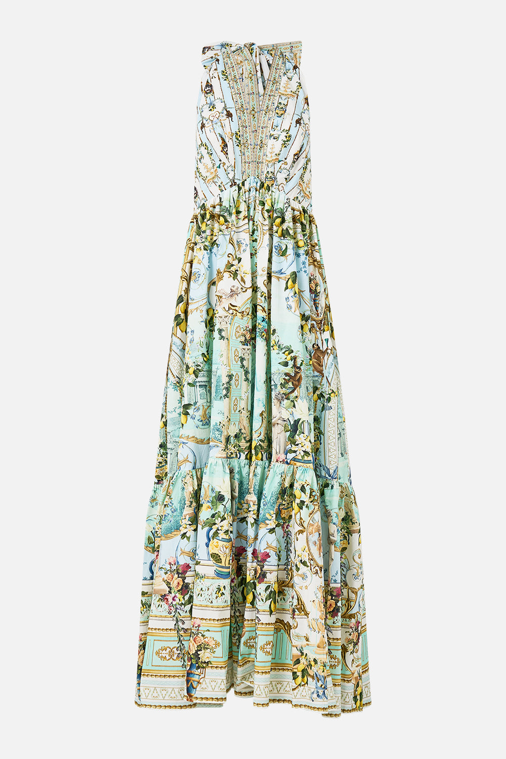 The CAMILLA RUFFLE HEM HALTER DRESS VENUS ON A VESPA in our  print.
