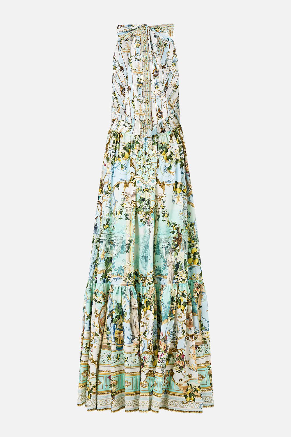 The CAMILLA RUFFLE HEM HALTER DRESS VENUS ON A VESPA in our  print.