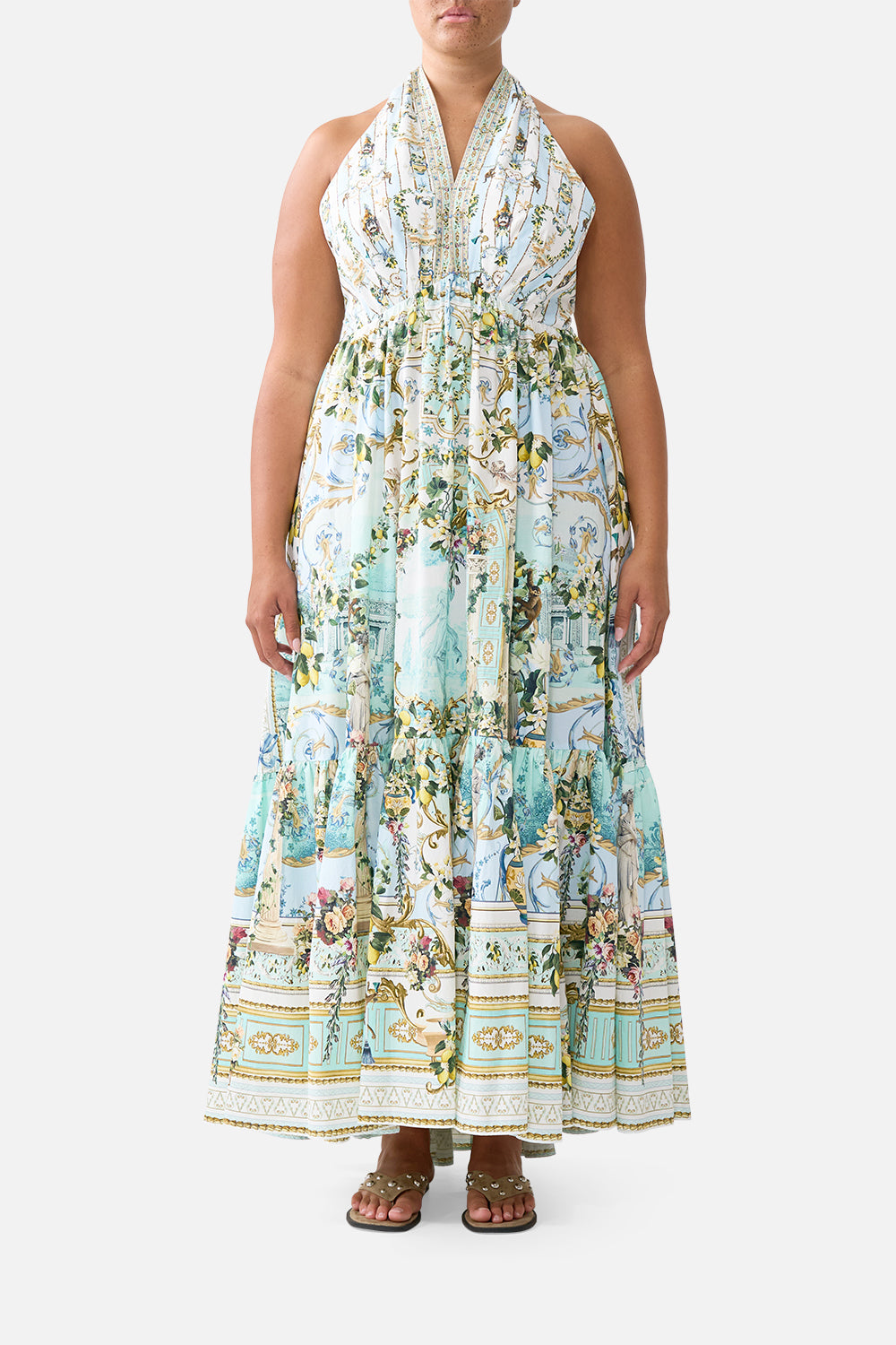 The CAMILLA RUFFLE HEM HALTER DRESS VENUS ON A VESPA in our  print.