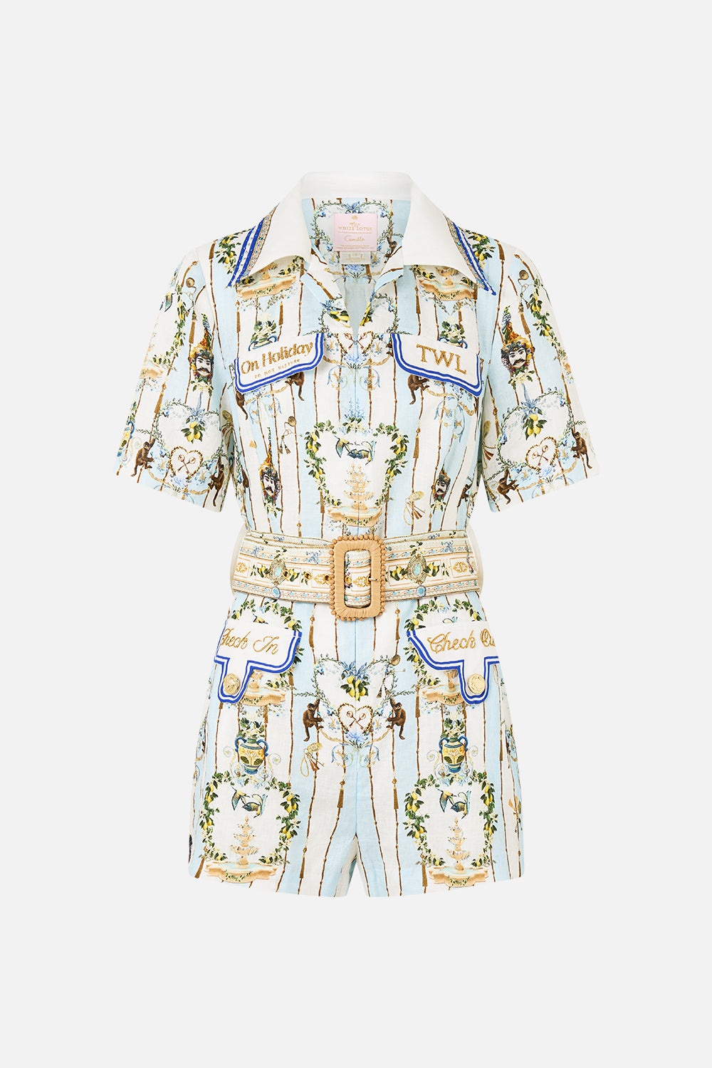 The CAMILLA POCKET PLAYSUIT VENUS ON A VESPA in our  print.