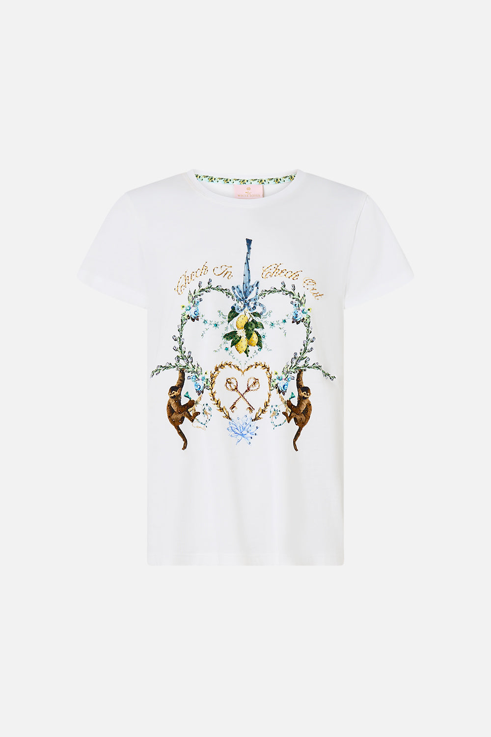 The CAMILLA SLIM FIT ROUND NECK T-SHIRT VENUS ON A VESPA in our  print.