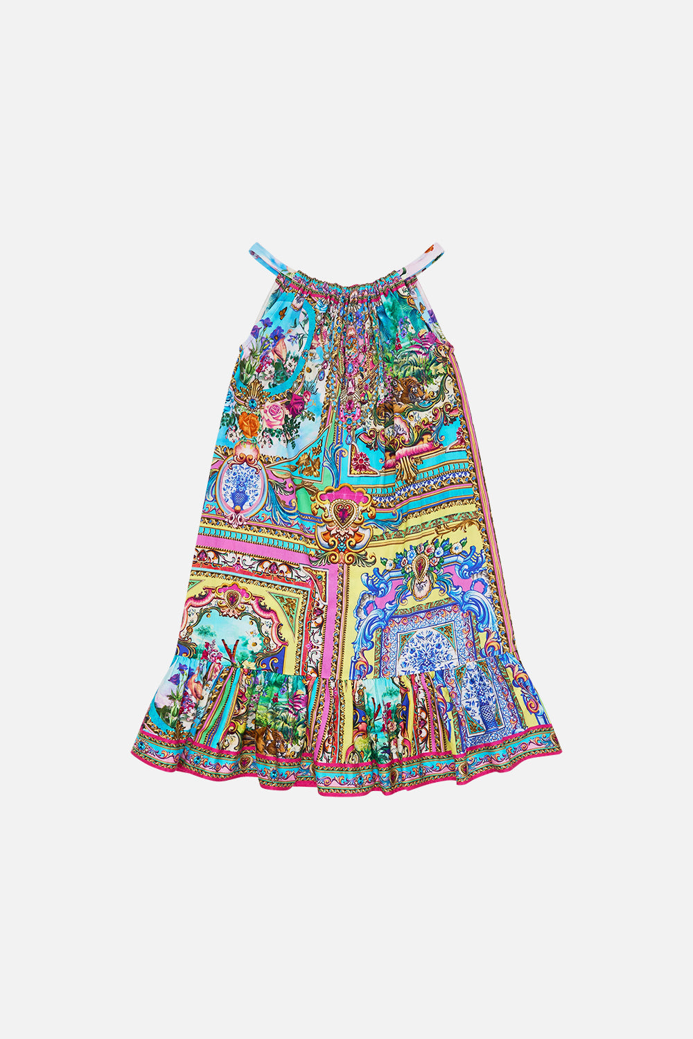 The CAMILLA KIDS DRAWSTRING MAXI DRESS W FRILL HEM 4-10 SPIRIT OF SANTA MARIA in our SPIRIT OF SANTA MARIA print.