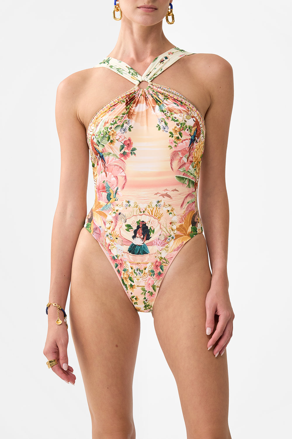 The CAMILLA HIGH NECK ONE PIECE WITH TRIMS WELCOME TO THE WHITE LOTUS in our  print.