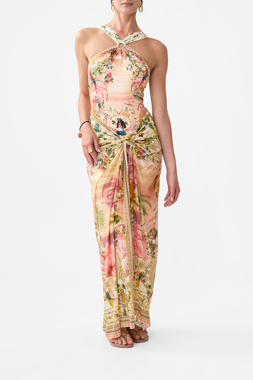 The CAMILLA HIGH NECK ONE PIECE WITH TRIMS WELCOME TO THE WHITE LOTUS in our  print.